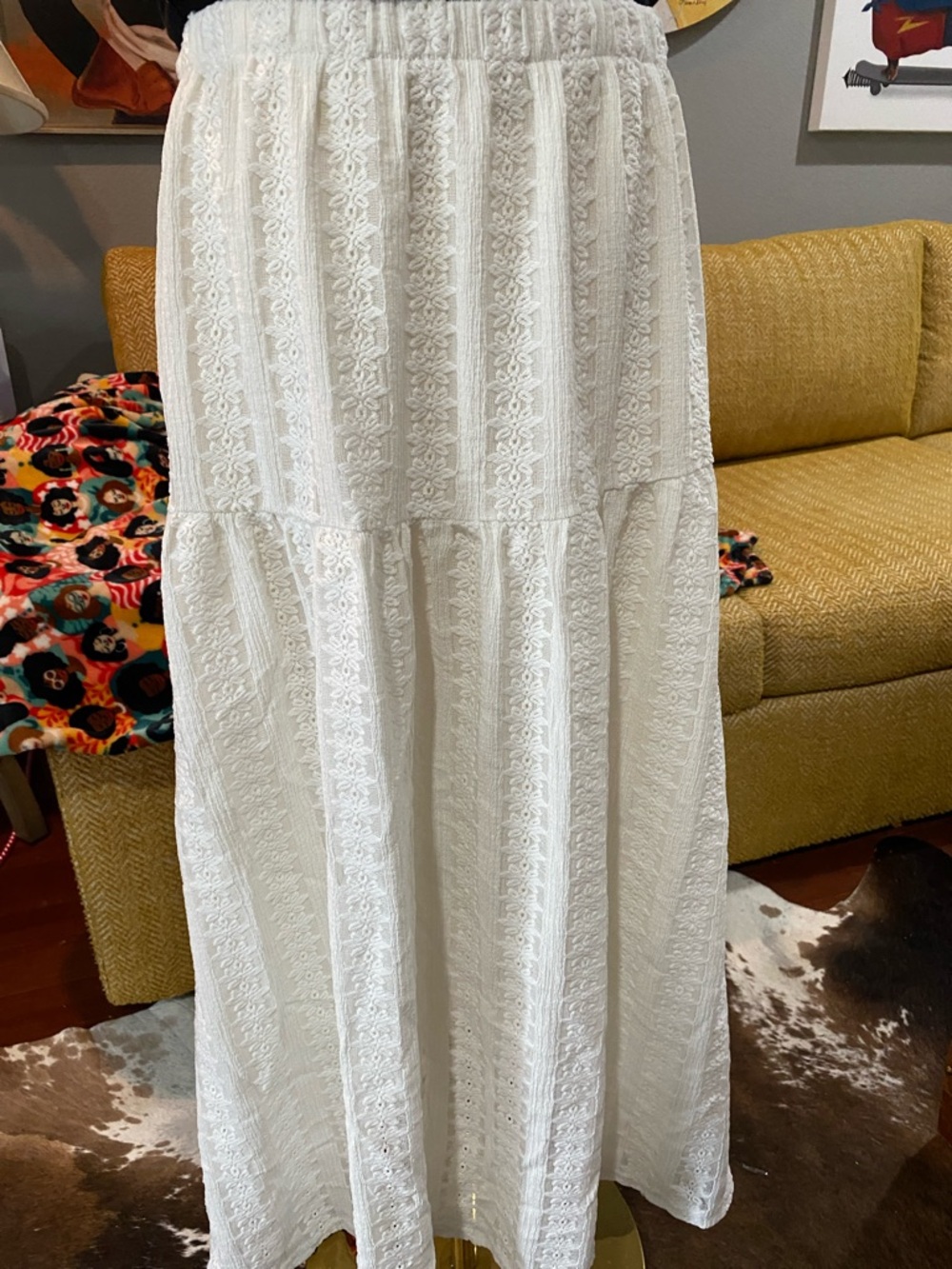 Women's White Lace Tiered Maxi Skirt Waist 14 3/4”